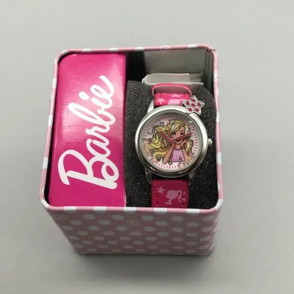 Barbie Watch Kids Girl Youth 28mm Pink Silver Tone With Metal Box New Battery - Picture 7 of 8